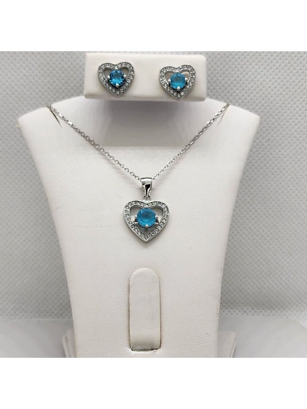 Brand New Sterling Silver 925 Blue Gemstone Heart 2pcs Set